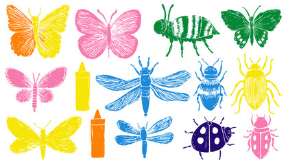 Butterfly and Crayon Insect Doodle � Cute Summer Spring Bugs, Bee, Ladybug, and Dragonfly in Rainbow Chalk Pastel Background