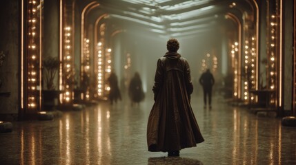 Mysterious figure in long coat walking through illuminated futuristic hallway.