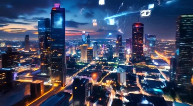 Digital 5g technology overlayed over a cityscape demonstrating modern wireless communications - Powered by Adobe