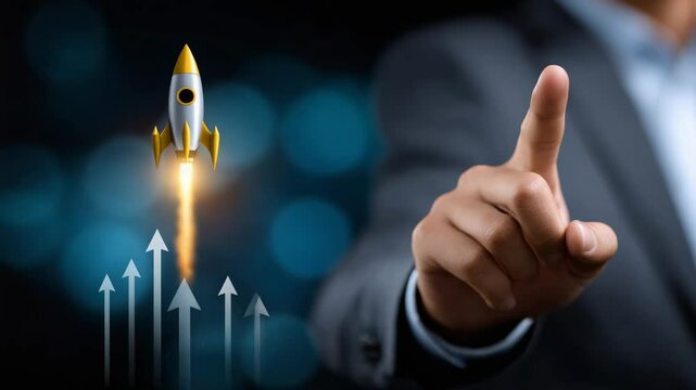 A businessman pointing towards a rocket, symbolizing growth and innovation in business.