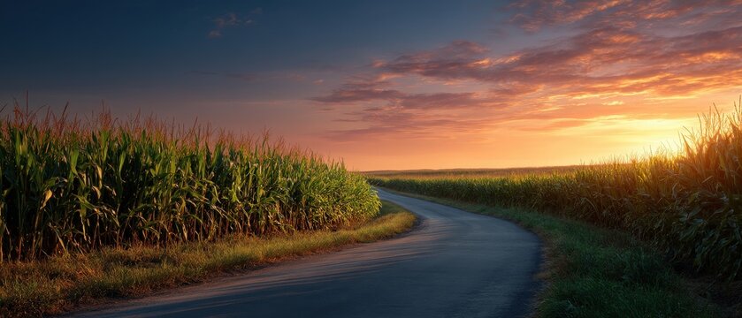 Sunset over a rural cornfield road.