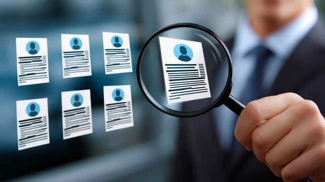 A professional examines resumes under a magnifying glass for recruitment purposes.
