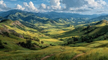 Naklejka premium rolling green hills under dappled light and drifting clouds, painterly look 