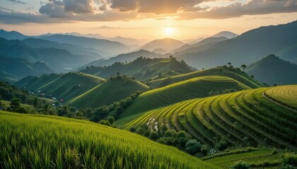 Fototapeta premium Golden Hour Rice Terraces: A Breathtaking Sunset View in the Mountains