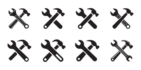 Crossed wrench and hammer tools icon set vector illustration on white background