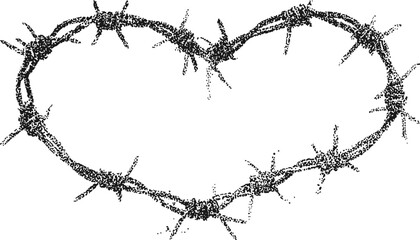 Heart-Shaped Barbed Wire with Halftone Stipple Effect � Grunge Punk Y2K Vector Illustration in Grainy Photocopy Texture