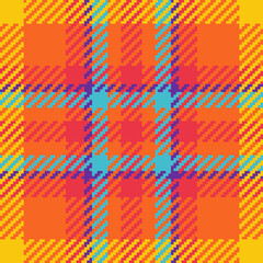 Vibrant, pixelated plaid pattern in bold orange, yellow, turquoise, and purple hues.  Ideal for textile design, website backgrounds, or fashionthemed projects.