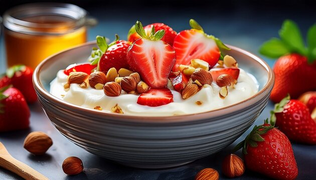 Erdbeer-Quark-Bowl mit Honig und Haseln&uuml;ssen