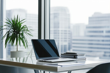 Modern office setup with clean desk and laptop promoting professional productivity and efficient business operations