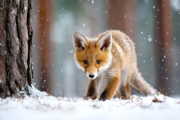 Obraz premium A playful fox cub exploring a snowy forest, curiosity and delight