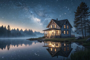 Fototapeta premium Cozy House by Lake with Starry Sky Reflection, Dreamlike Night Scene, Peaceful Retreat, Tranquil Escape, Countryside, Nature, Romance, Meditation, Relaxation