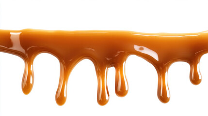 Caramel Dripping Down Isolated on White Background. Smooth caramel sauce dripping down against a white backdrop, showcasing its rich texture and glossy appearance. Perfect for dessert and food-related