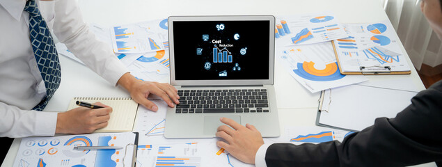 Cost reduction, cost saving concept shown on computer screen brisk, corporate business efficiently save cost and company resources by reduction of unnecessary expenses