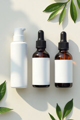 Skincare Bottles Mockup Natural Amber and White for Organic Products with Copy Space