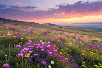 Obraz premium Vibrant Wildflower Meadow at Sunset, Tranquil Landscape, Summer Bloom, Peaceful Countryside, Romantic Evening, Nature Beauty, Scenic, Colorful Flowers, Inspirational Scene