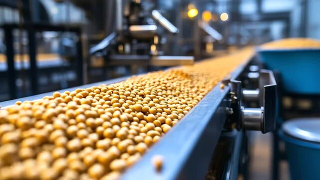 Close-up of soybeans moving down a conveyor belt, surrounded by automated equipment and bins collecting the processed goods, highlighting the advanced food production process.