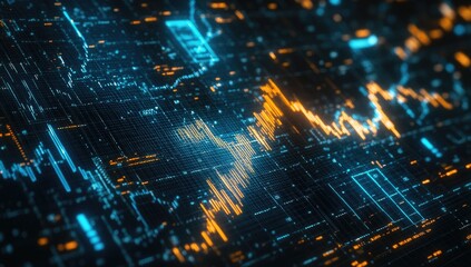 Dynamic financial data visualization on a digital display.  Complex network of glowing lines and charts