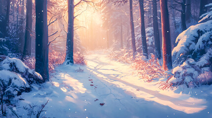 Winter Trail in Snowy Forest with Soft Morning Sunlight