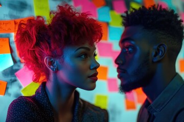 Naklejka premium A young couple stares intently at each other against a vibrant, colorful background.