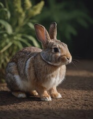 Fototapeta premium Brown rabbit sitting gracefully on the ground, surrounded by lush green foliage, showcasing its soft fur and alert expression in a serene natural environment