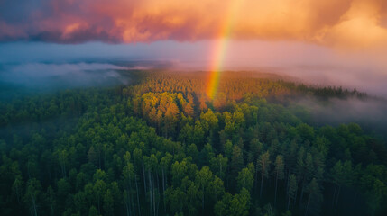 An aerial view capturing the stunning beauty of a rainbow stretching across the sky after a rainstorm, with lush forest trees below