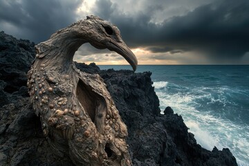 Fototapeta premium A weathered driftwood bird-like sculpture perched dramatically on dark volcanic rocks overlooking a turbulent ocean under a brooding sky.