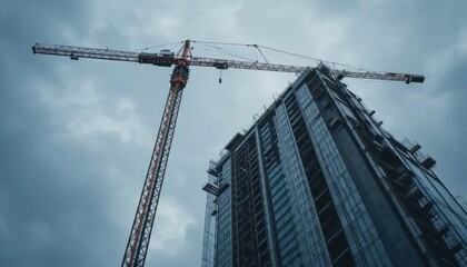 Fototapeta premium Construction Site: Tower Crane and Skyscraper Under Construction
