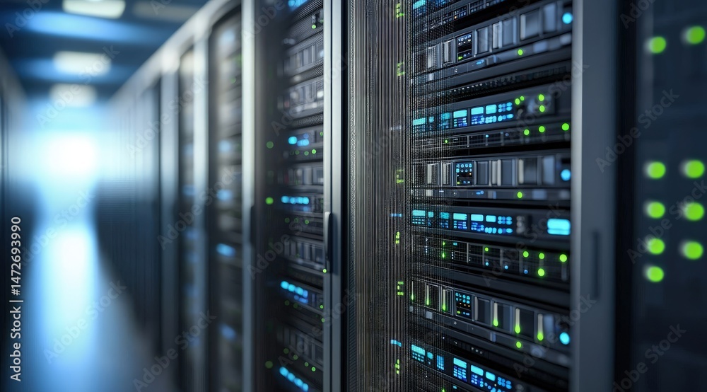 Poster Closeup of advanced server units with green and blue LEDs in a dark room. Great for cybersecurity visuals, network performance, and IT system reliability topics