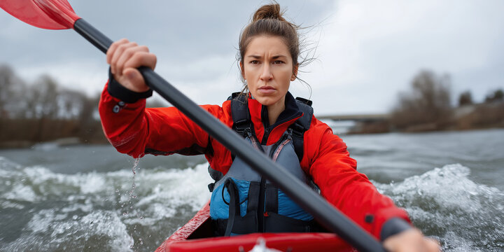 A woman in a red jacket paddles a kayak in a river. The scene is lively and energetic, with the woman's focused expression and the movement of the water. Concept of adventure and excitement - Powered by Adobe