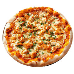 Delicious pizza topped with cheese and herbs served on a wooden table for a satisfying meal