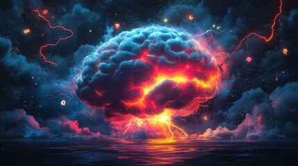Obraz premium A powerful, fiery brain against a stormy night sky