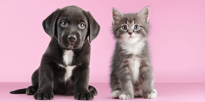 A black puppy and a gray kitten are sitting next to each other on a pink background. The dog is looking at the camera while the cat is looking away