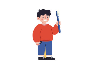 A cheerful young boy holds a toothbrush, celebrating Dentist Day. Bright, friendly illustration with a solid yellow background. Perfect for promotional materials.