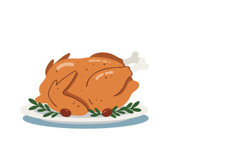A beautifully presented rotisserie chicken on a plate, garnished with greenery. 'Rotisserie Chicken Day 2025' text adds a festive touch. Clean, modern illustration.