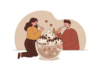 A couple enjoys a decadent ice cream feast! This cheerful illustration celebrates Rocky Road Day 2025 with a sweet, inviting scene. Perfect for food, dessert, or Valentine's Day themes.
