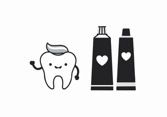 Cute illustration celebrating Dentist Day! A smiling tooth icon with toothpaste tubes, expressing love for dental care. Bold, playful design suitable for promotional materials.