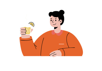 A smiling young woman enjoys a refreshing drink on Moonshine Day 2025.  Warm colors and a relaxed mood create a cheerful, modern illustration.