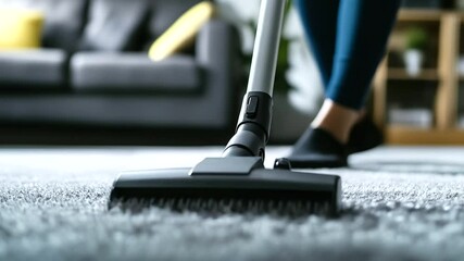 A person vacuuming near a couch, with pet fur being efficiently removed from the carpet fibers, symbolizing a fresh and hygienic home.