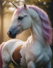 Obraz premium Majestic unicorn with a shimmering white coat and flowing pink mane stands gracefully in a sunlit forest, embodying fantasy and enchantment in a magical atmosphere