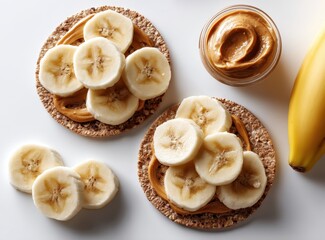 Delicious Whole Grain Rice Cakes Topped with Creamy Peanut Butter and Fresh Banana Slices Perfect for a Healthy Snack or Breakfast Option