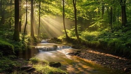 Obraz premium Sunbeams piercing a misty forest, cascading waterfall