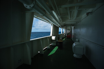 Ship Window In Craft Cabin With Bed. Sea Cruise Vacation Trip Travel Concept.
