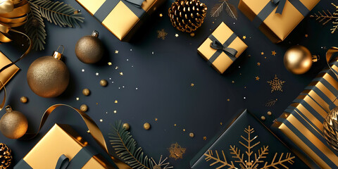 Luxurious Christmas Gifts and Ornaments on Elegant Black Background Celebration of Holiday Glam, Festive Decor, Seasonal Cheer. Copy space