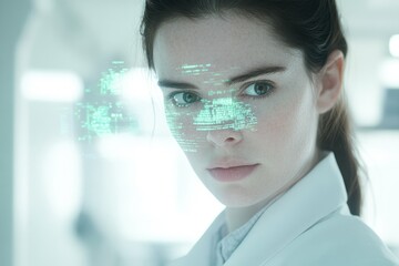 A young woman, possibly a scientist, with a futuristic digital overlay on her face, suggesting advanced technology or augmented reality.