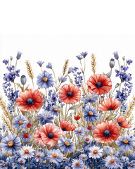 Summer field wild flowers watercolor border with copy space: daisies, red poppies and blue delicate cornflowers