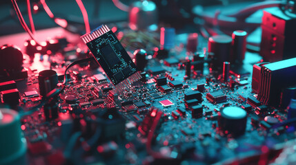 Electronic engineering collection of microchips and circuit boards in futuristic lighting. concept of technology, innovation, circuitry design, electronic components
