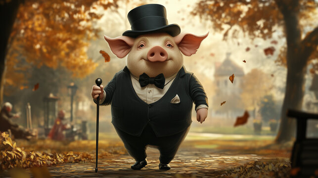 Whimsical pig dressed in a tuxedo walking in autumn park  