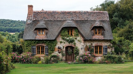 Fototapeta premium Rustic stone cottage with thatched roof and garden.