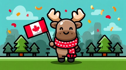 Naklejka premium Cute moose cartoon holds Canadian flag