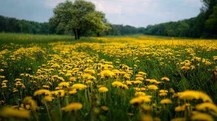 Fototapeta premium Bright yellow dandelion meadow under dramatic cloudy sky in vivid spring landscape
